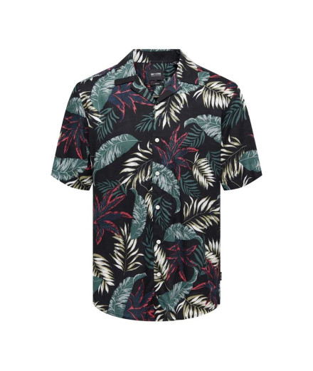 Camisa Only & Sons Corte Regular Colar Cubano Preto Homem