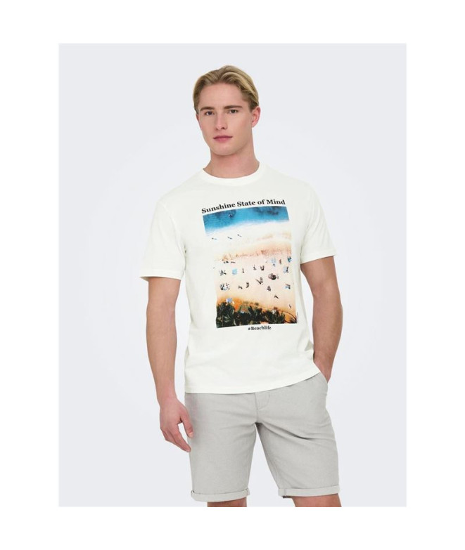 T-shirt Only & Sons Onskolton Reg Beach Blanc...