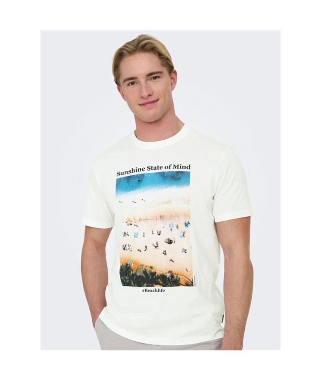 T-shirt Only & Sons Onskolton Reg Beach Blanc...