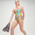 Fato de banho Natação Speedo Mulher de Allover Digital V-Back Azul/Coral