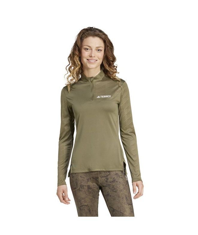 Camiseta Montanha adidas Mulher by Terrex Multi Half Zip Longsleeve Verde azeitona