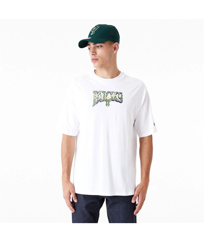 Camiseta New Era Hombre branco do Campeonato da NBA dos Milwaukee Bucks de tamanho grande