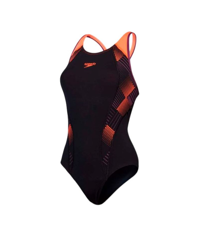 Bañador de Natación Speedo Mujer Placement Laneback Negro/ Rojo/Morado