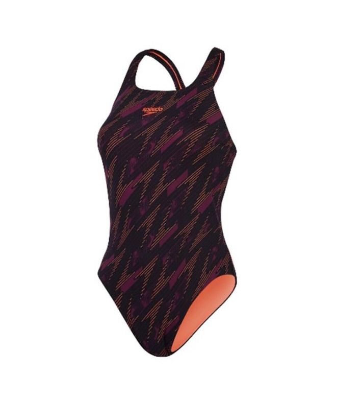 Bañador de Natación Speedo Mujer Hyperboom Allover Medalist Negro/Morado/ Rojo