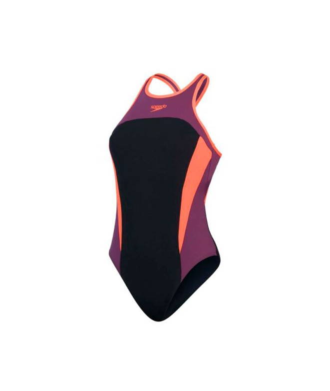 Bañador de Natación Speedo Mujer High Neck Splice Cross Back Negro/Morado