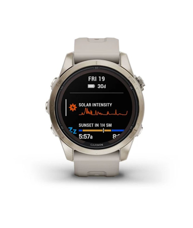 Relógio Garmin Fenix 7S Sapphire Solar Bracelete Bege Dourada