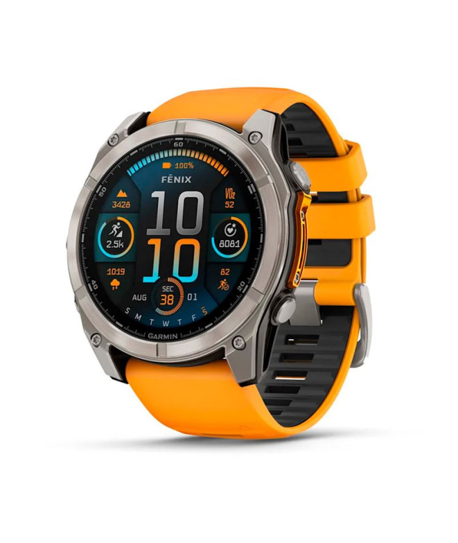 Montre Garmin Fenix 8 - 51mm AMOLED Saphir Tyranium Argent Bracelet Silicone Orange