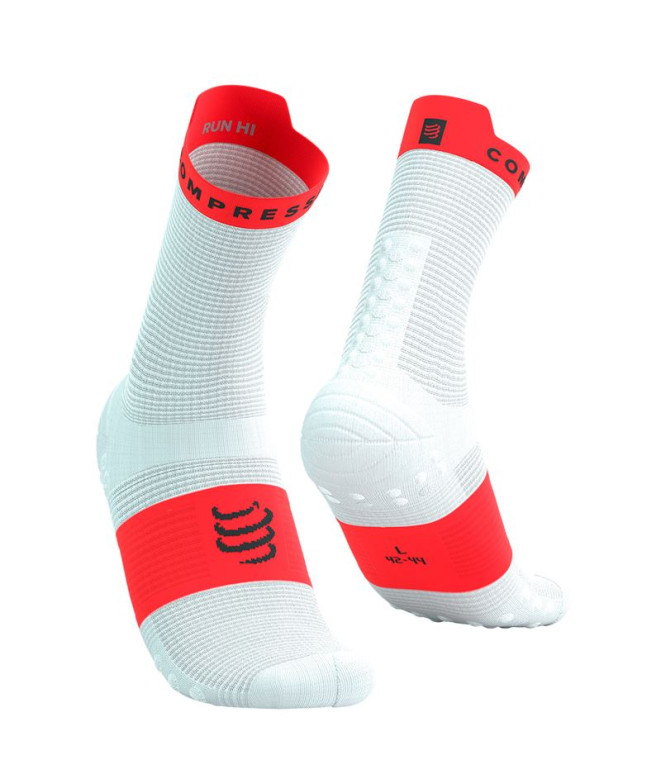 Chaussettes Running de Compressport Pro Racing V4.0 Run High Blanc/Rouge fluo