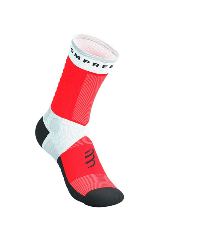 Meias Running Trail Unissex da Compressport Ultra V2.0 Branco/Vermelho