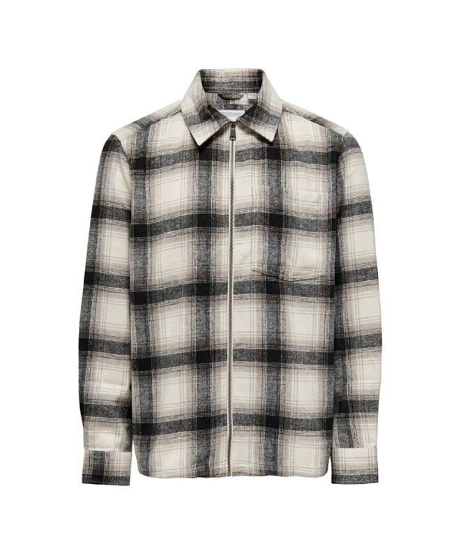 Camisa Only & Sons Onsaustin Wool Zip Over Noos Antique White Checks Homem