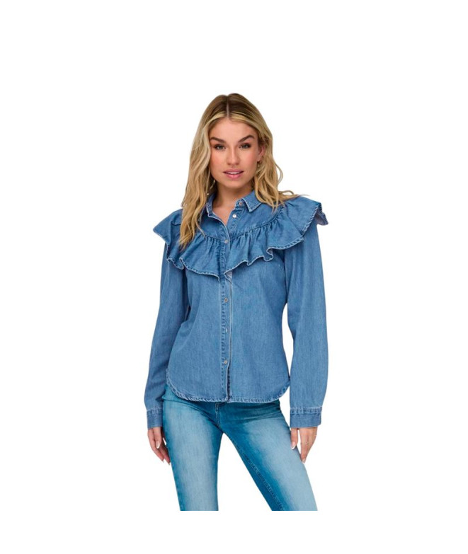 Camisa Only Onlindigo Ls Frill Dnm Qyt Noos Medium Blue Denim Mujer