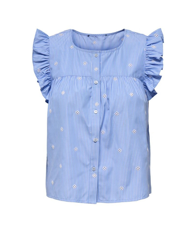 Camiseta Only Onlamanda Sl Emb Top Wvn Mulher Coronet Azul/Branco