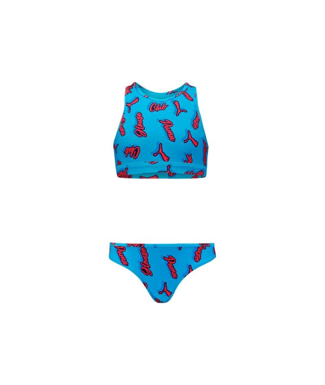 Biquíni Puma Swim Meninas Impresso Conjunto 1P Infantil Azul / Vermelho Brilhante