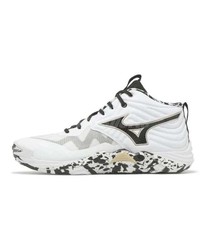 Sapatilhas de Voleibol Mizuno Wave Momentum Elite Mid Kakizome Branco/Preto/Dourado