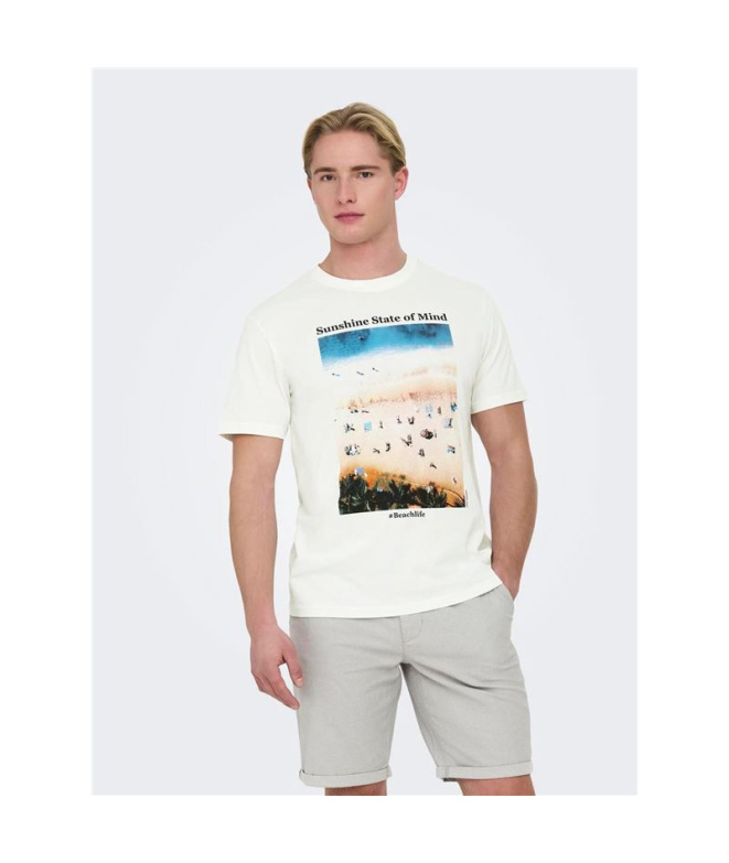 T-shirt Only & Sons Onskolton Reg Beach Blanc...